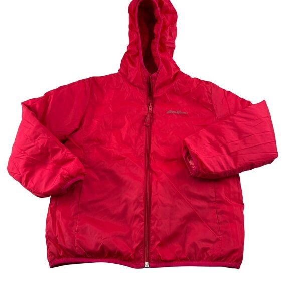 Eddie Bauer Kids Girls M 10/12 Pink Coral Down Puffer Jacket Reversible Hooded - Picture 9 of 10